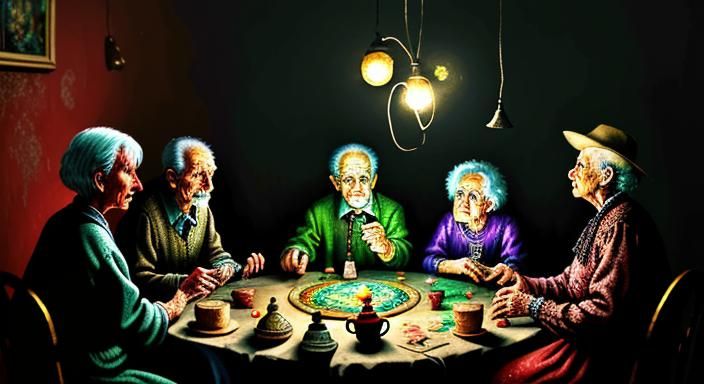 Horrified Seniors Playing Ouija Board: Expressionist Oil Pai...