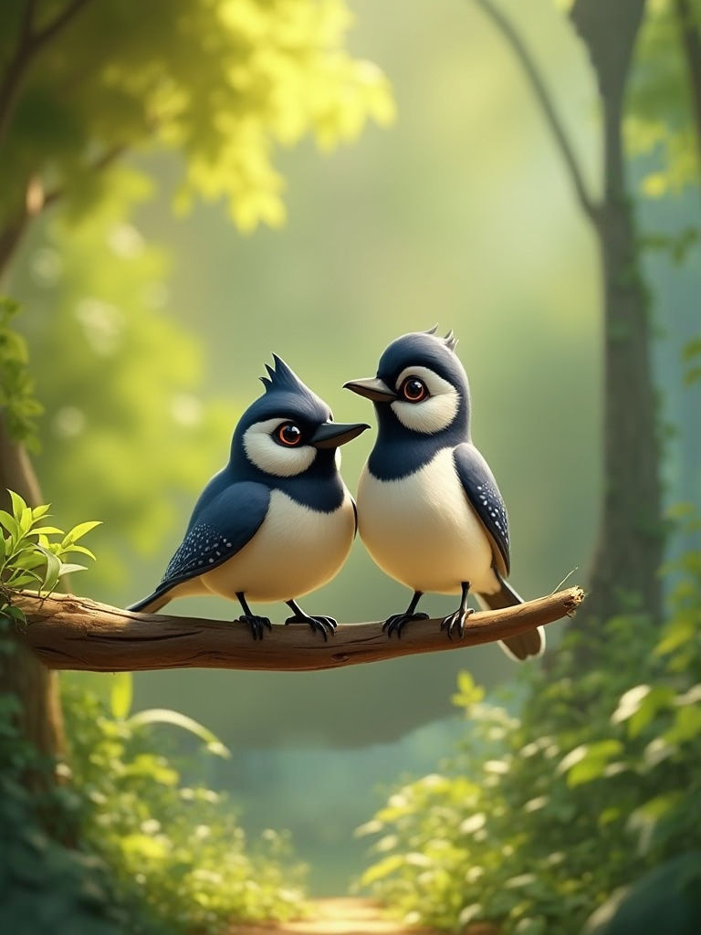 Birds Soar in a Vibrant Forest Landscape in Whimsical 3D Sty...