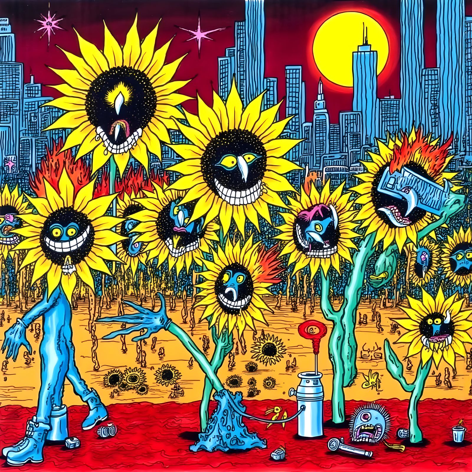 Vibrant Surreal Sunflower Conquerors in Cartoonish Pinball A...