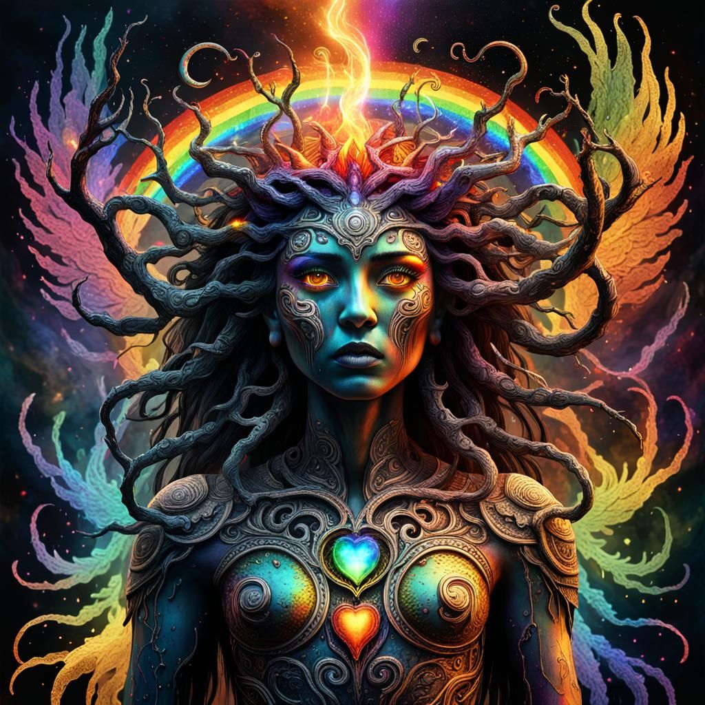 Cosmic Medusa with Rainbow Wings in Holographic Style