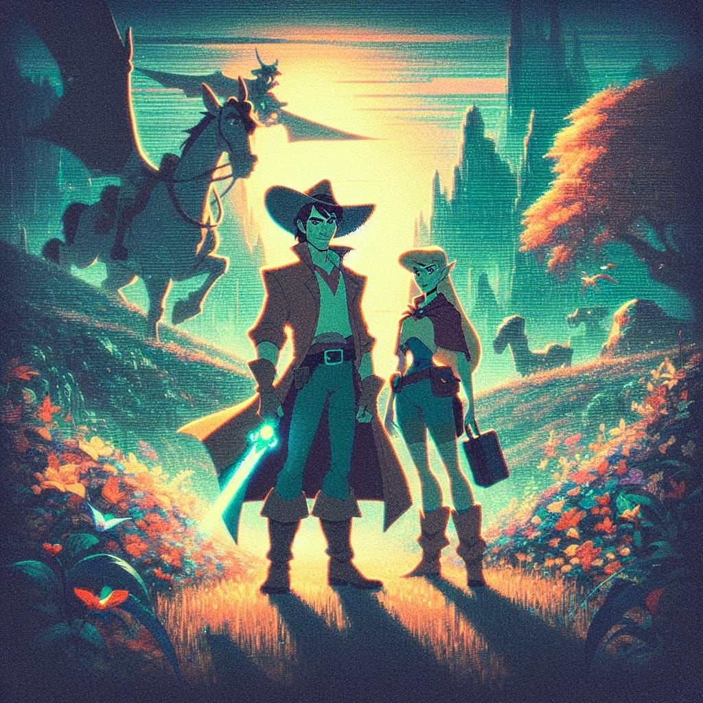 Vintage Sci-Fi Cartoon Characters in Dark Fantasy