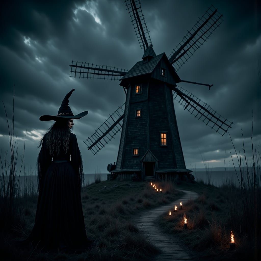 Dark Witch at Windmill in Gloomy Night