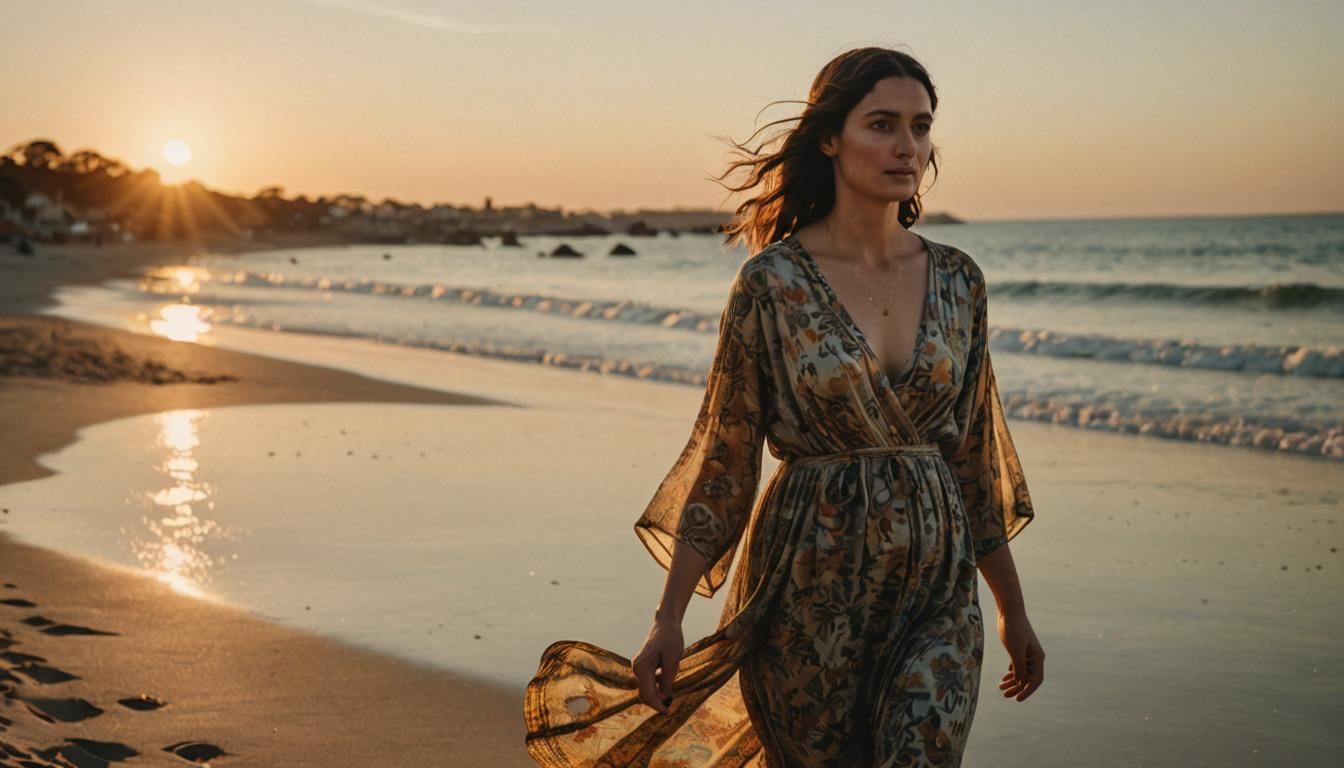 Photorealistic Woman Strolls on Beach at Sunset