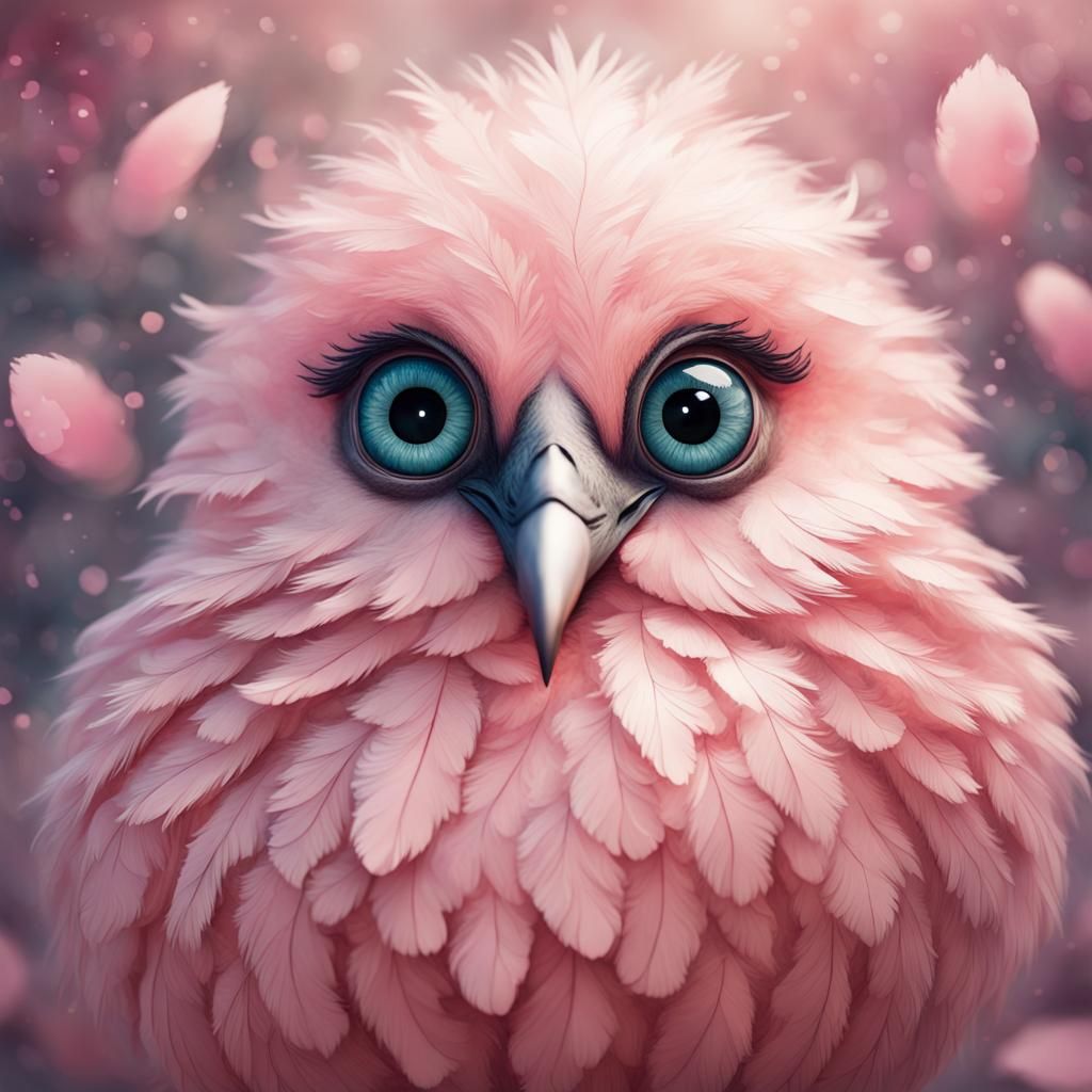 Whimsical Folk Round Bird made of Pinkish Light Feather Petals, Huge Beautiful Eyes, Breathtaking Fantasy Core Artwork, ...
