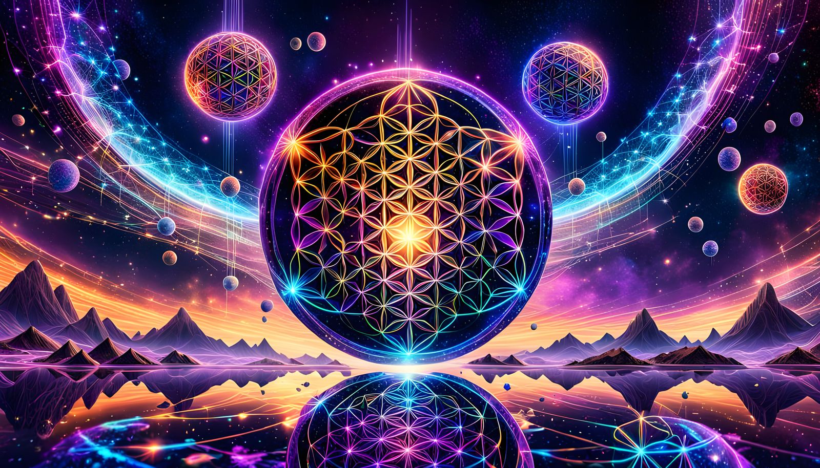 Vibrant Sacred Geometry Flower Blooms Amidst Celestial Sea