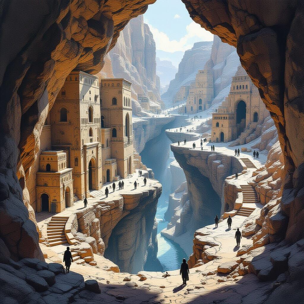 Cave Labyrinth Beneath Sci-Fi City in Black Ink Style