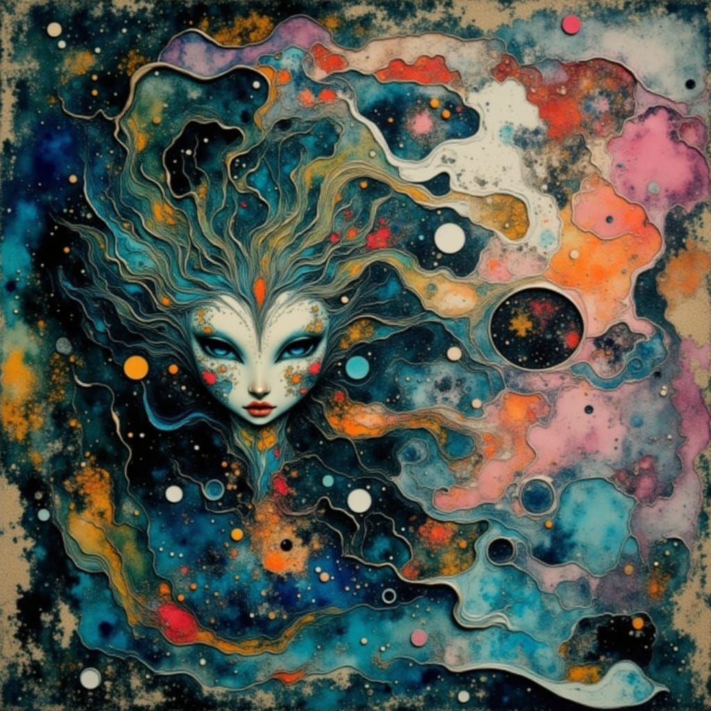 Cosmic Wildlife Blend in Vibrant Neo-Impressionist Style