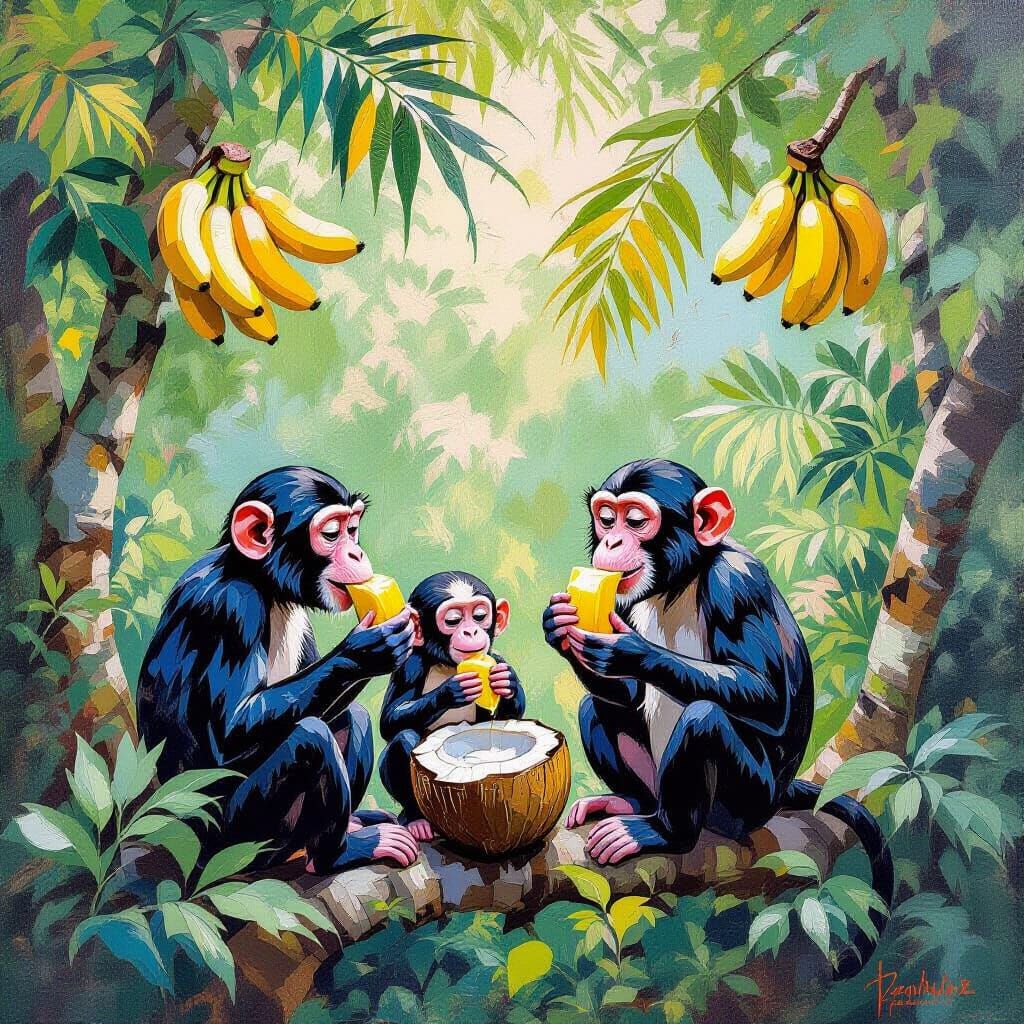 Monkey Family Picnic: Impressionist Gouache and Watercolor A...