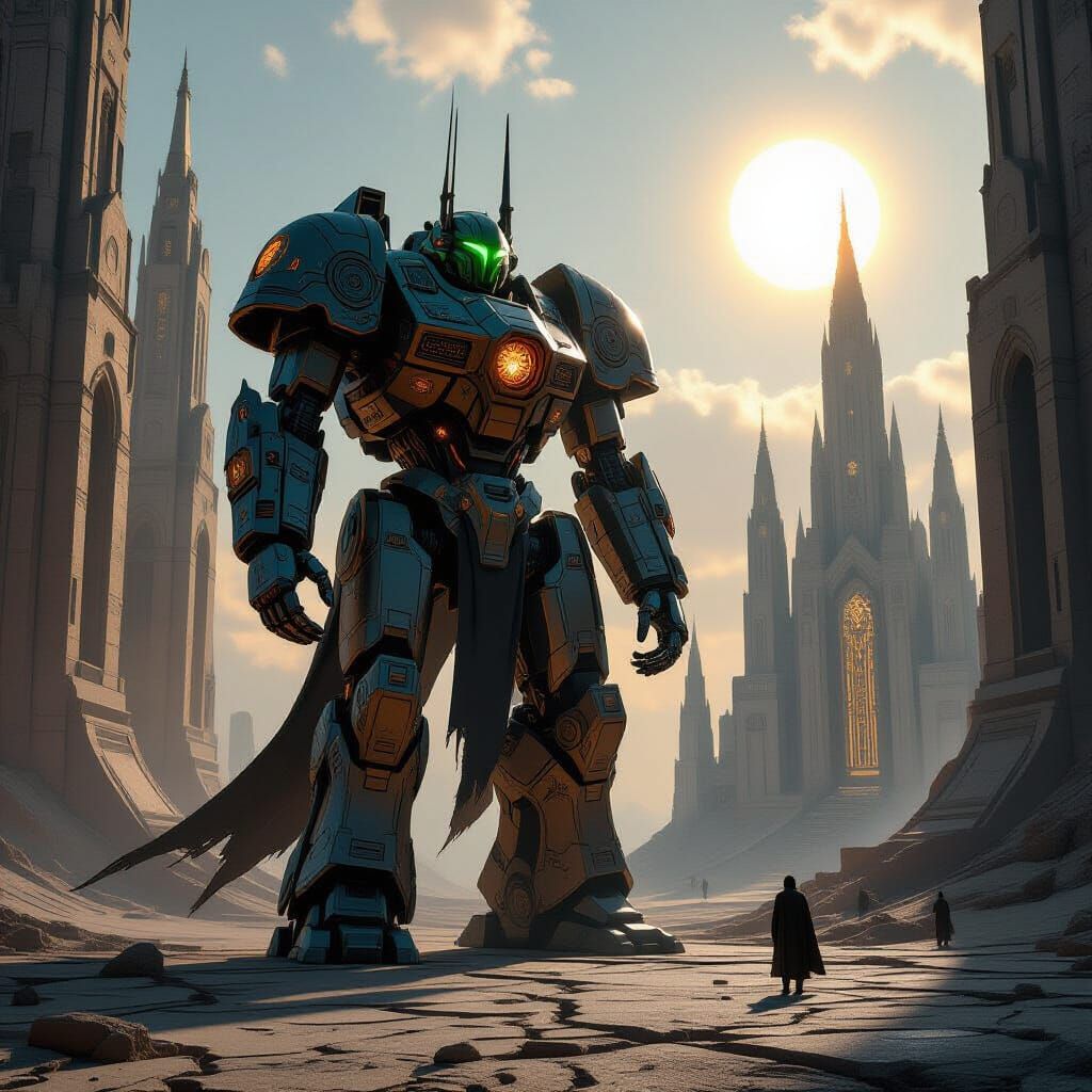 Colossal Robot-Priest Sentinel in Alien Cathedral