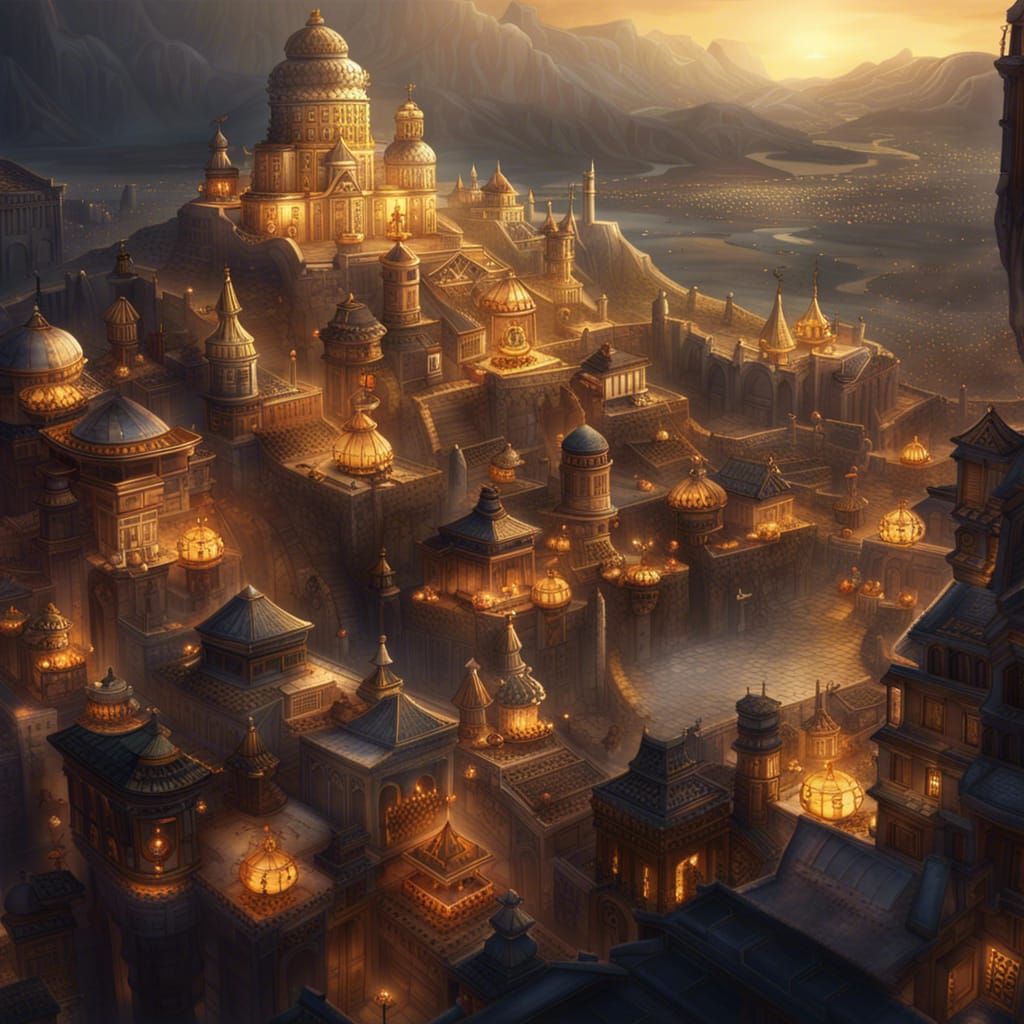 Fantastical City with Golden Accents, Matte Painting Style