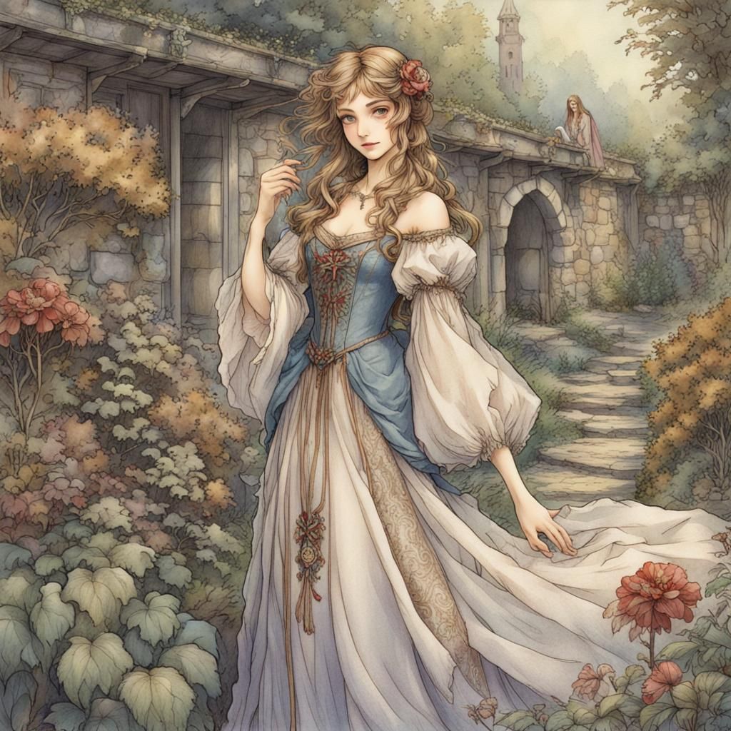 Medieval Maiden in Fairytale Garden, Arthur Rackham Style