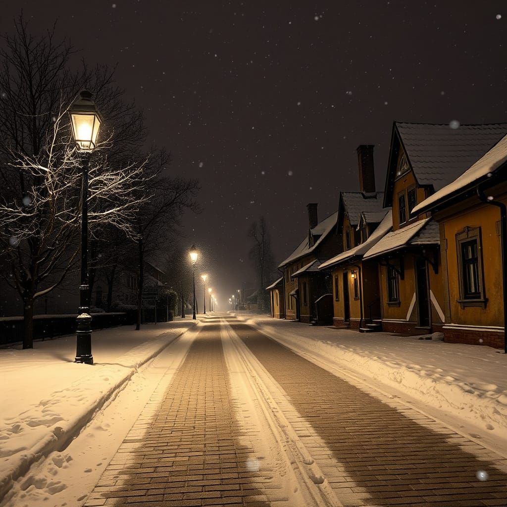 Snowy Night on Cobblestone Street with Gas Lamps