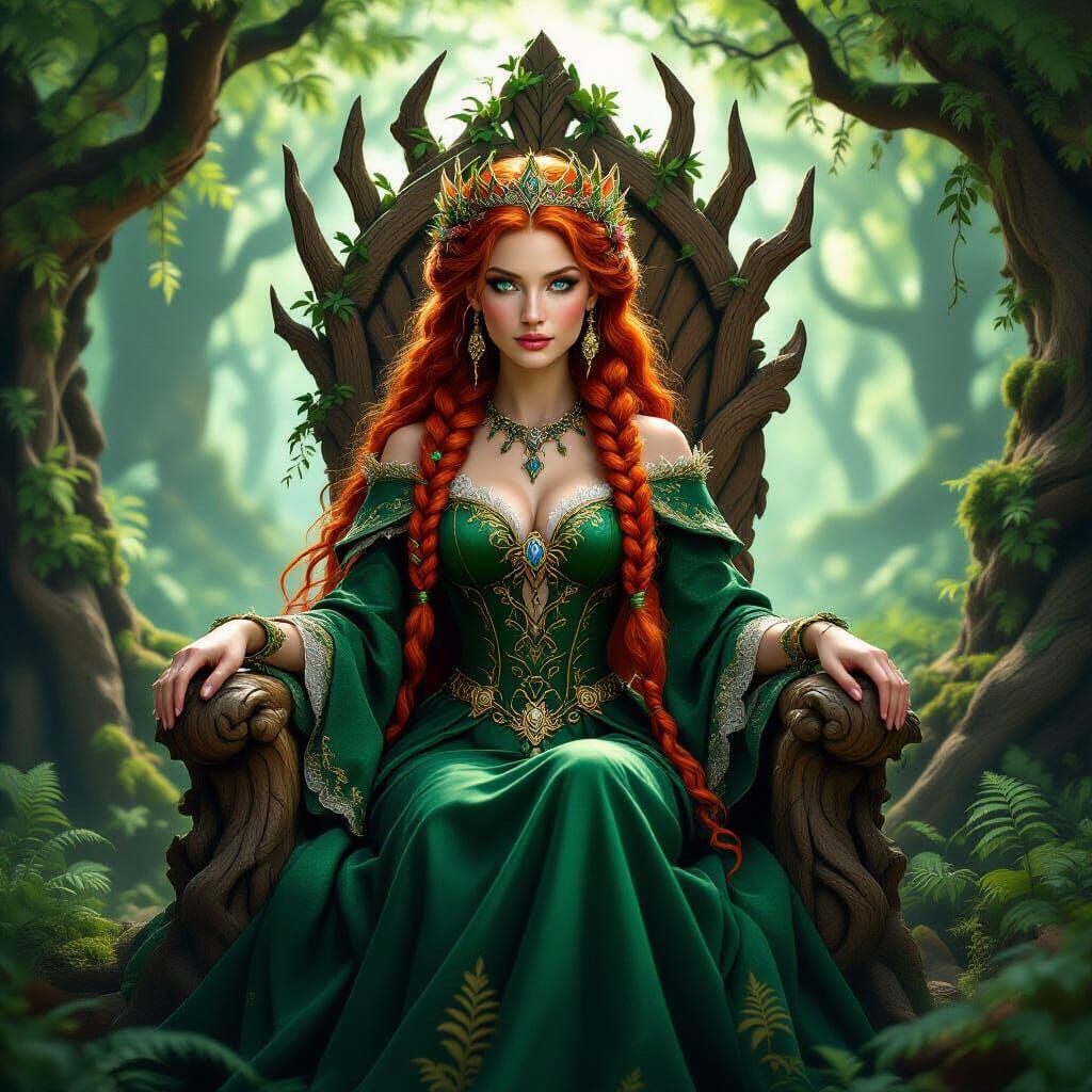 Majestic Dwarf Queen on Oak Throne in Forest