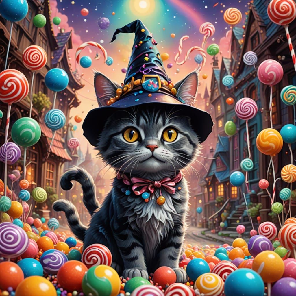 Whimsical Cat Witch Enchants a Sugar-Filled Kingdom