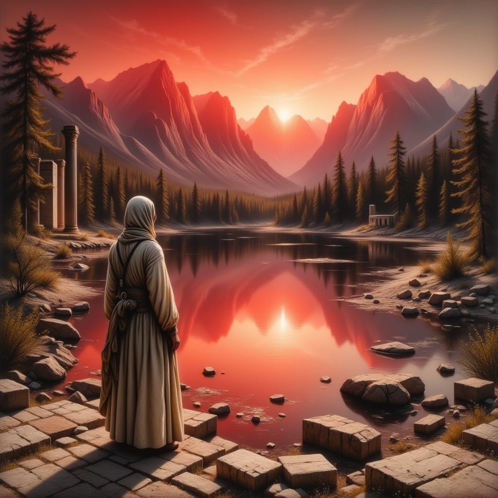 Ancient Ruins and Red Sunlight in Bierstadt Style