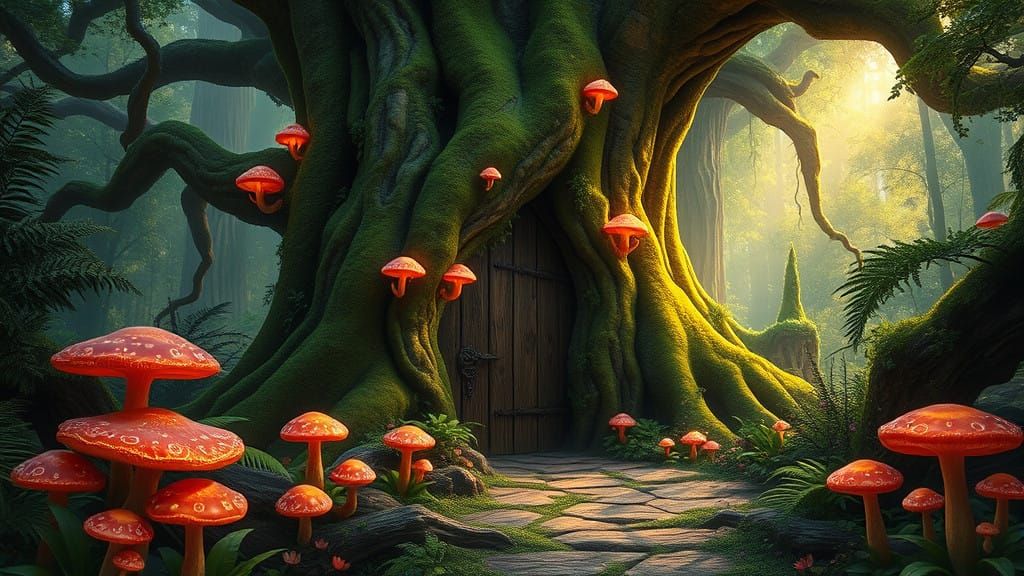 Whimsical Forest Scene with Grand Moss-Covered Tree and Vibr...