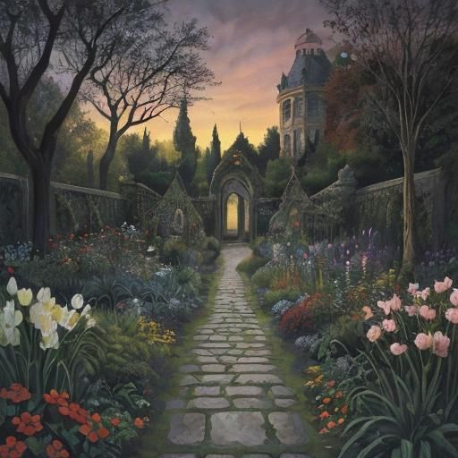 Ethereal Macabre Garden Path Gouache Painting