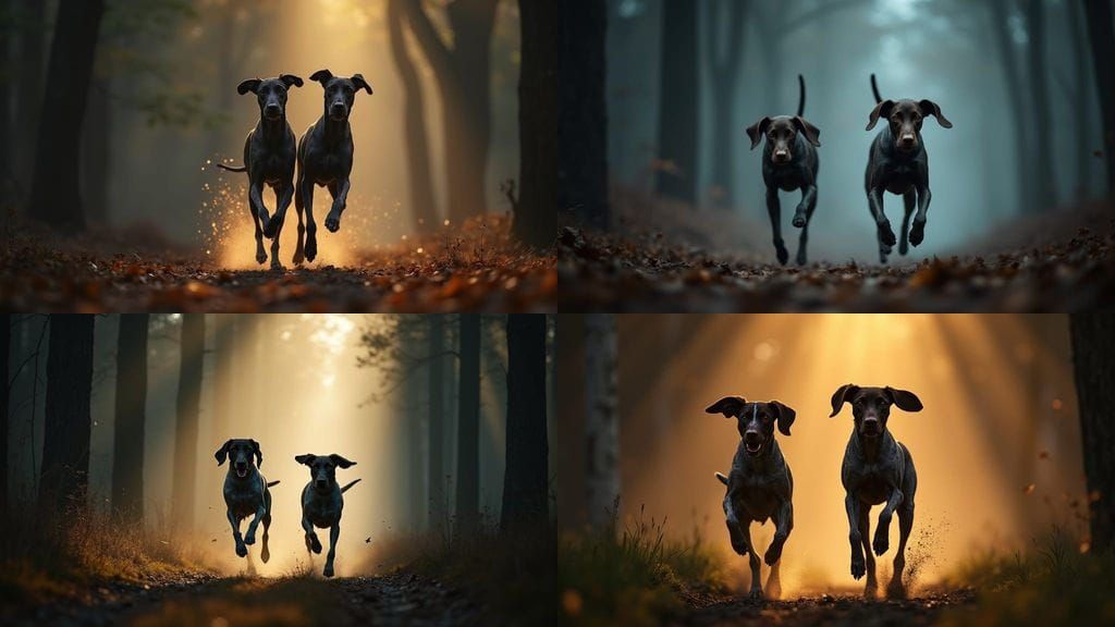 German Shorthaired Pointers in Misty Forest, Cinematic Light...