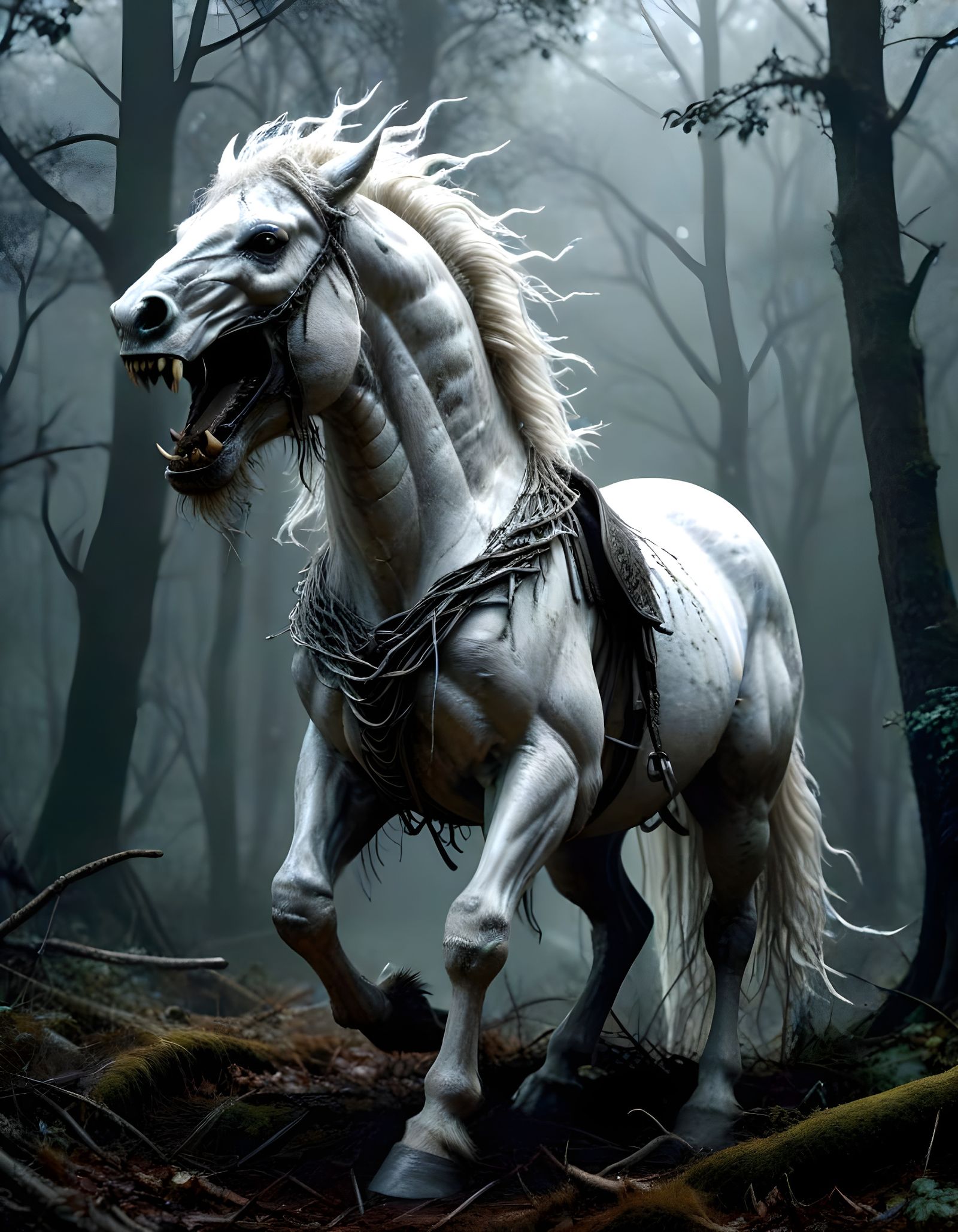Ancient White Horse in a Dark, Foggy Forest