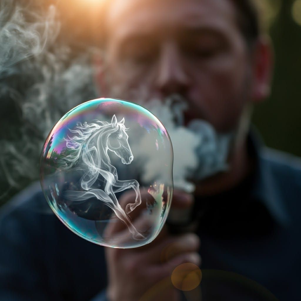 Smoke Bubble Reflecting a Smoky Horse: Dreamlike Scene