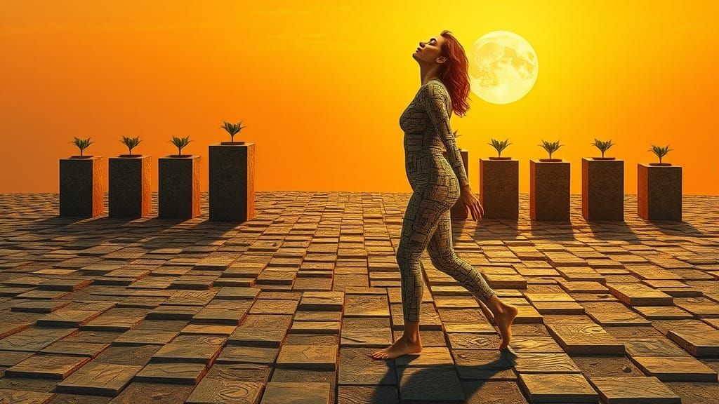 Vibrant Squares Woman Walks Barefoot on Interlocking Squares