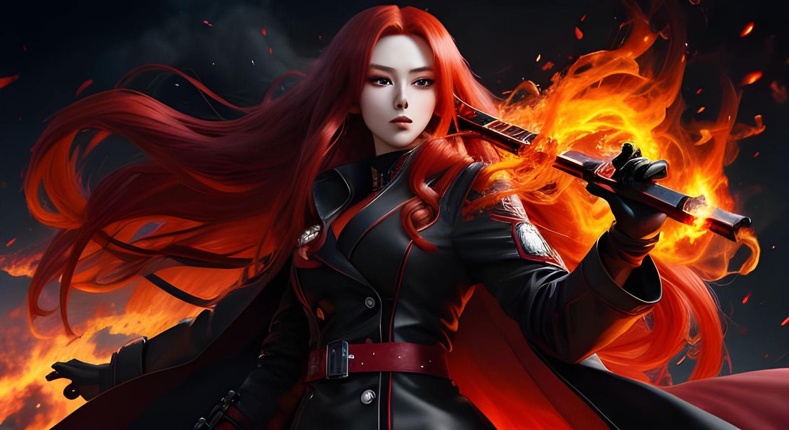 Anime Fire Mage with Flowing Red Hair