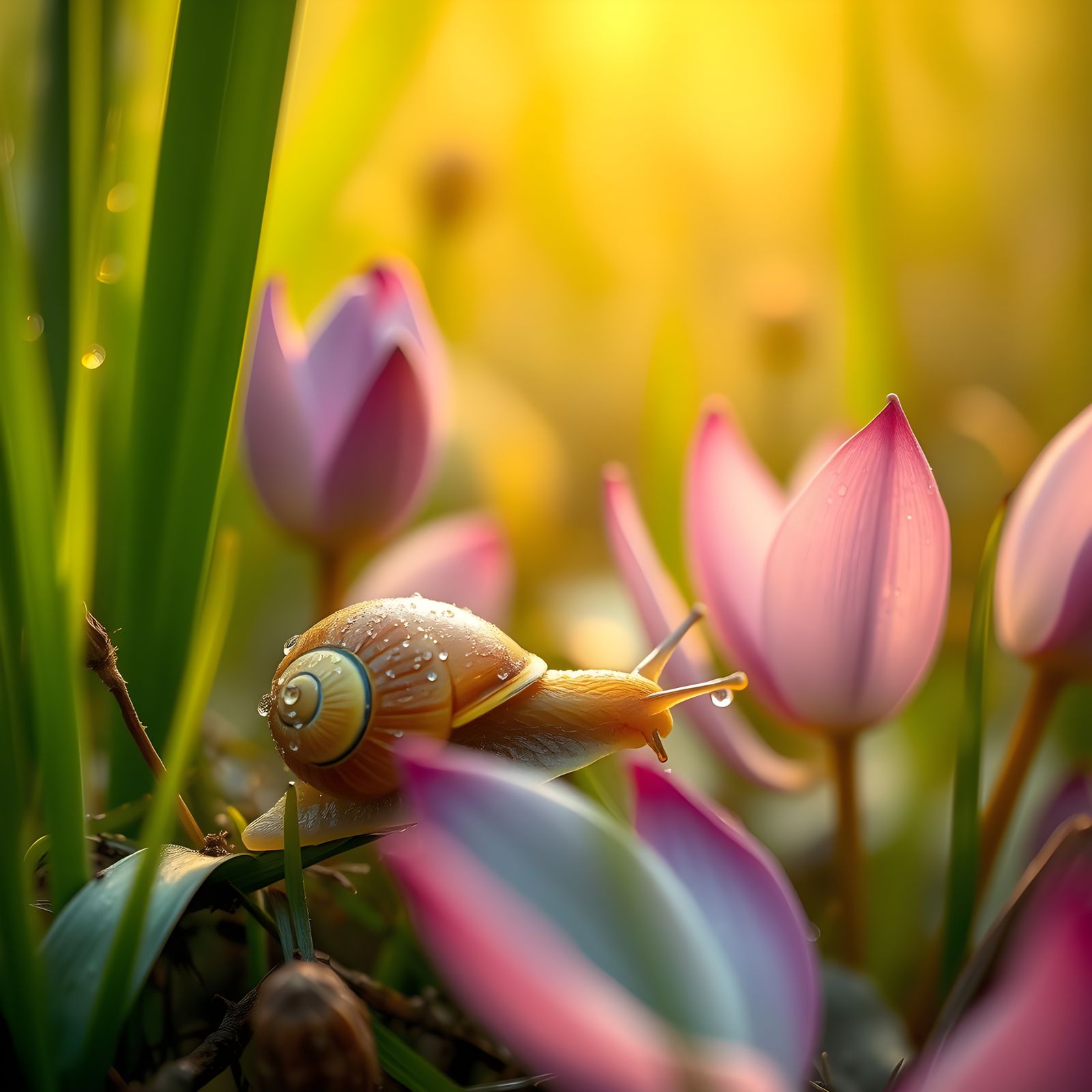 Golden Snail Crawling Among Lotus Plants