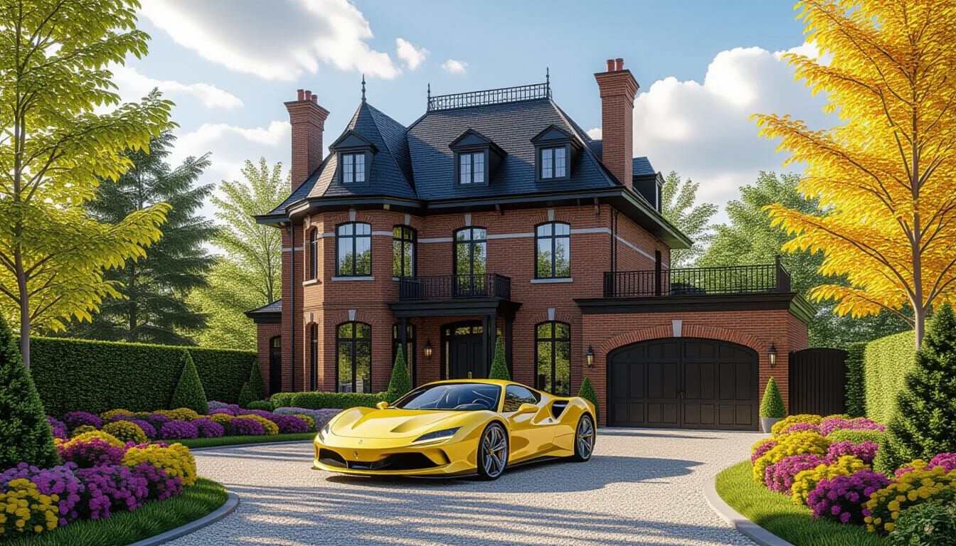Victorian Chateau With Yellow Ferrari In Monet Style