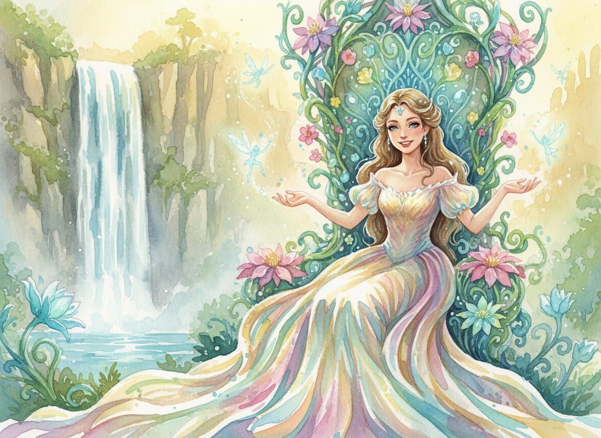 Whimsical Princess on Bioluminescent Floral Throne