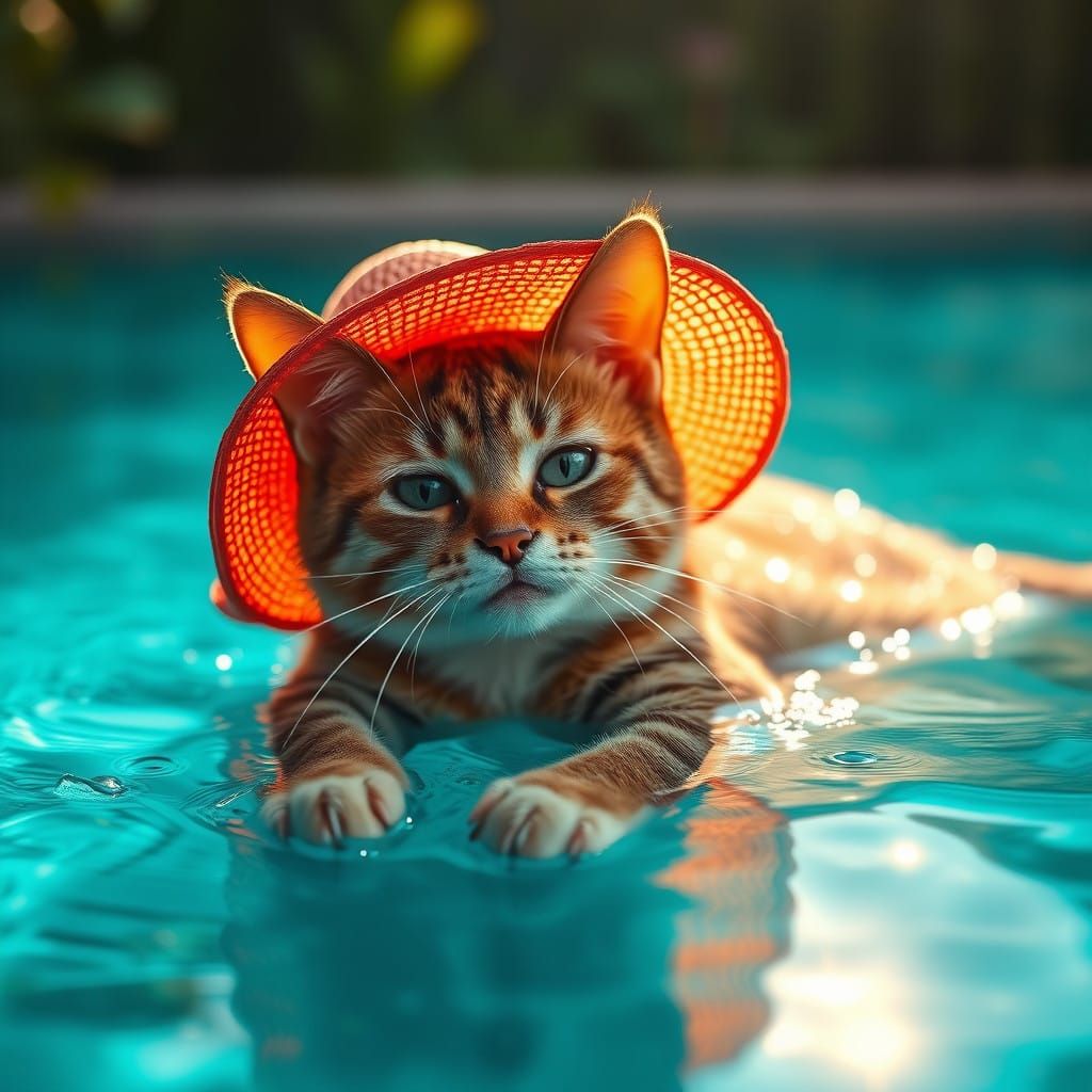Serene Feline in Vibrant Sun Hat, Floating on Turquoise Pool