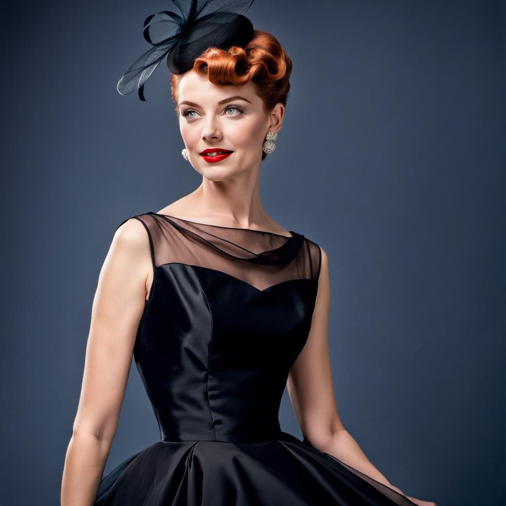 1950s Woman in Black Dress, Hyperrealistic Portrait