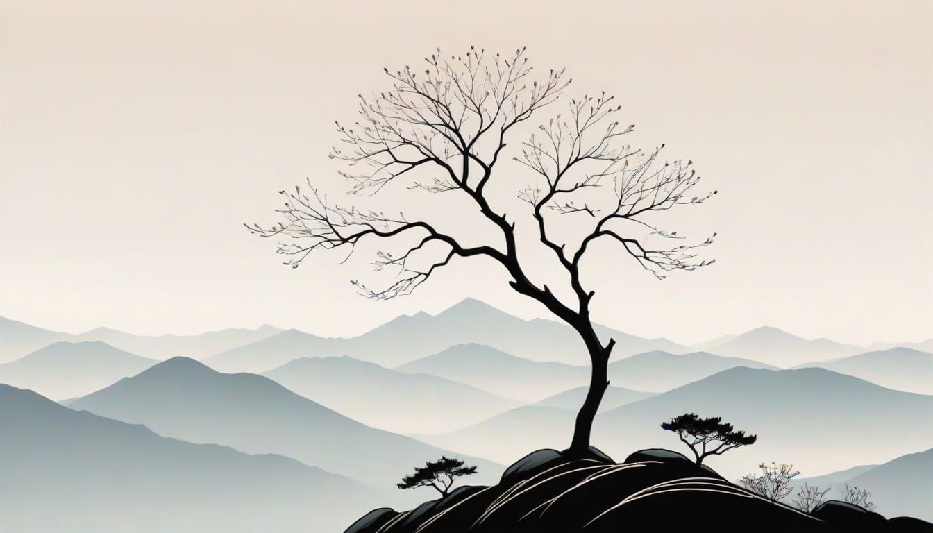Japandi Art: Lone Tree on Mountain Skyline