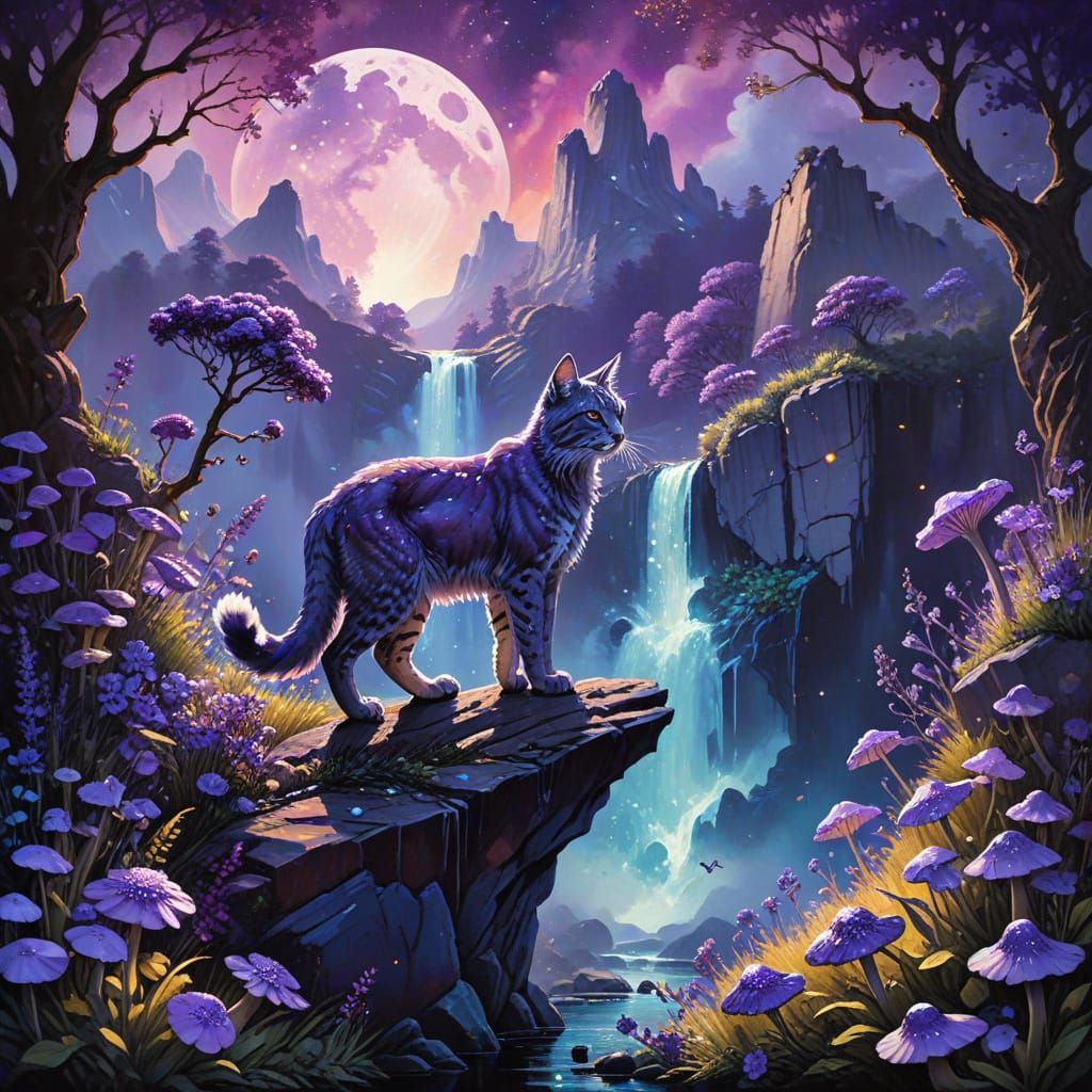 Dreamlike Bobcat Scene in Vibrant, Whimsical Style