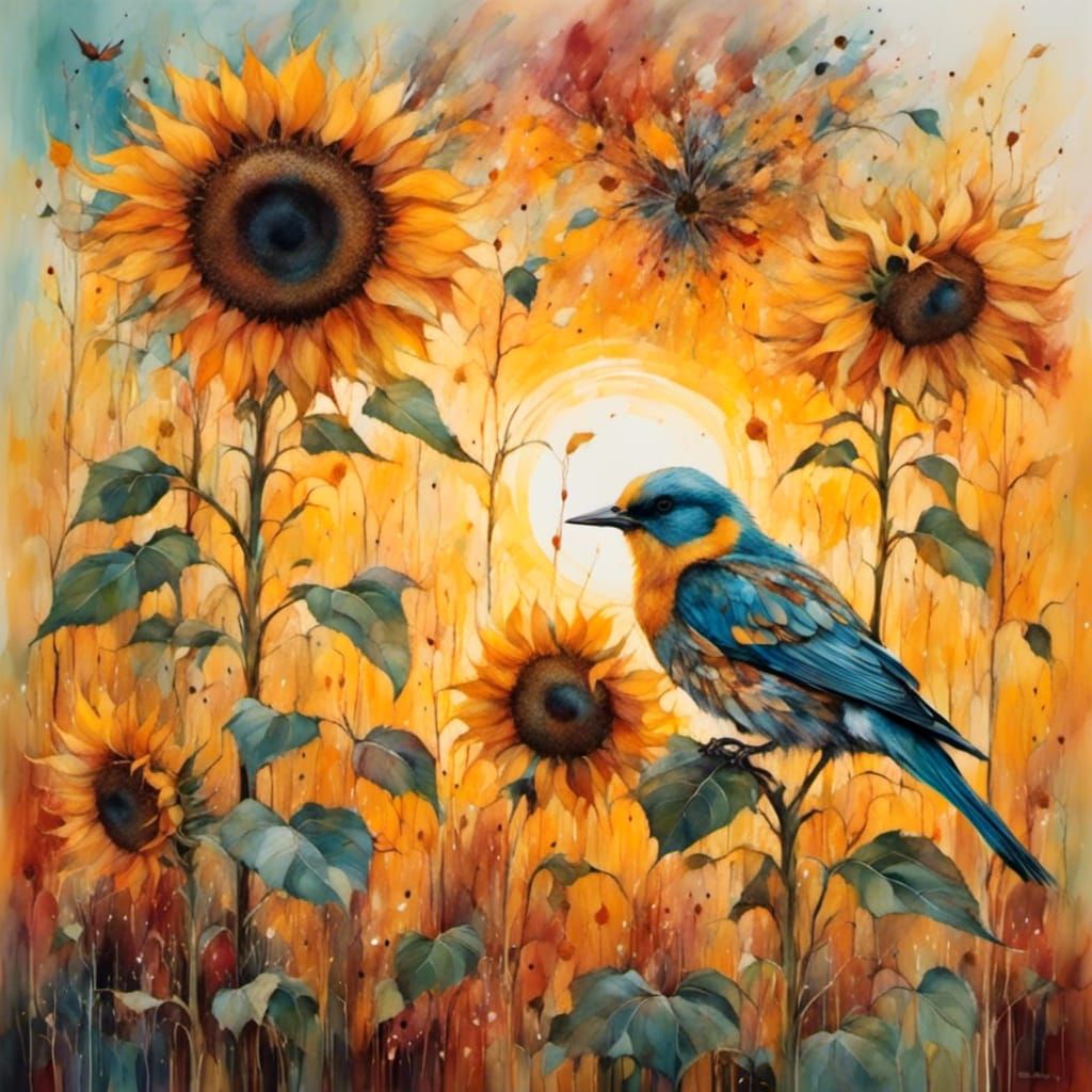 Sunflower and Bird at Sunset in Gentle Style