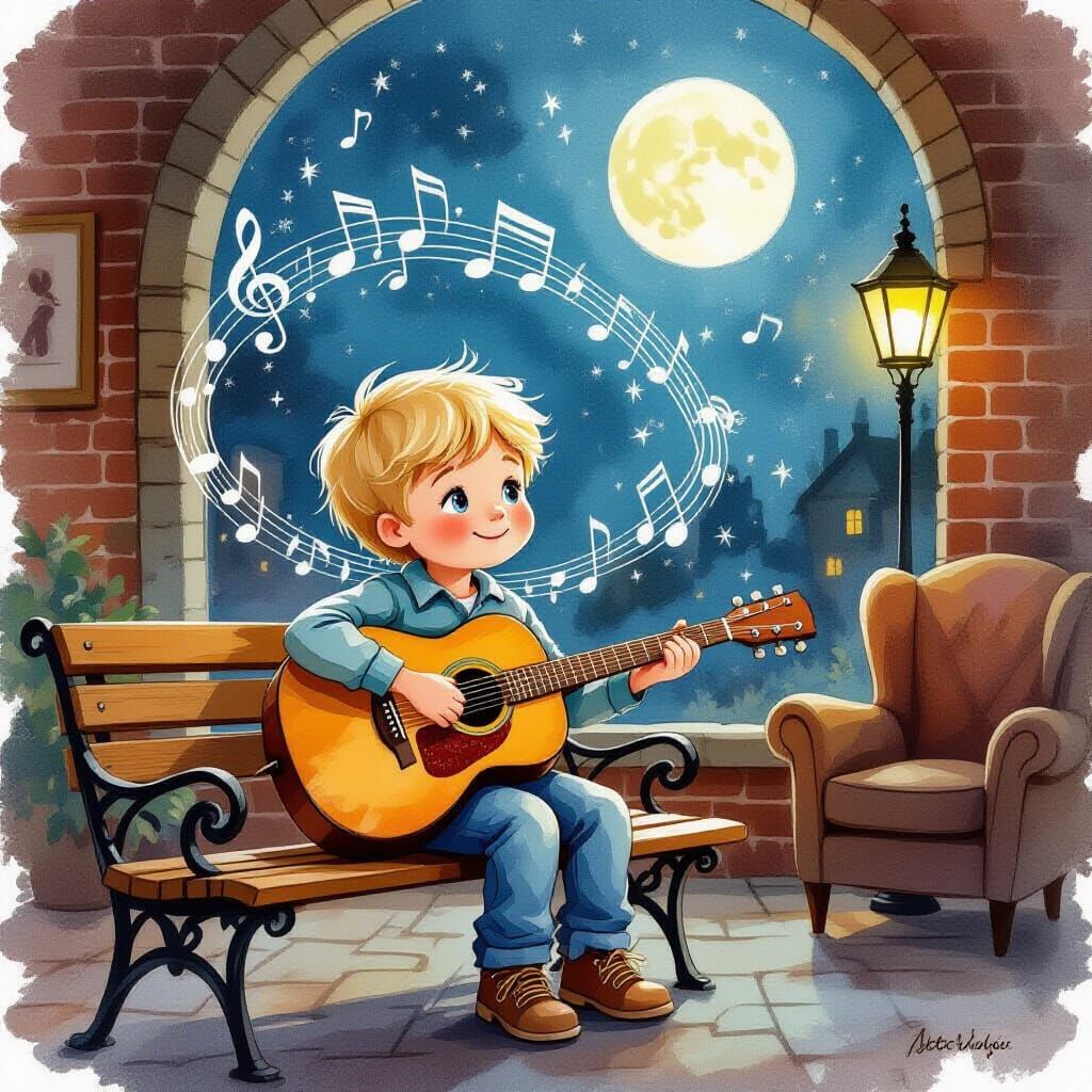 Boy Playing Guitar in Moonlit Room, Watercolor Style