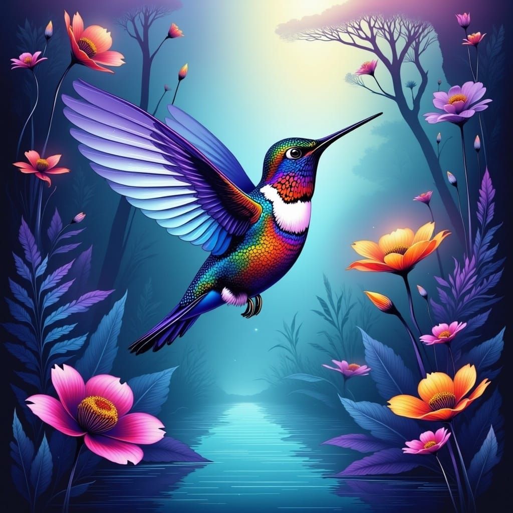 Vibrant Tropical Paradise Hummingbird in a Flower