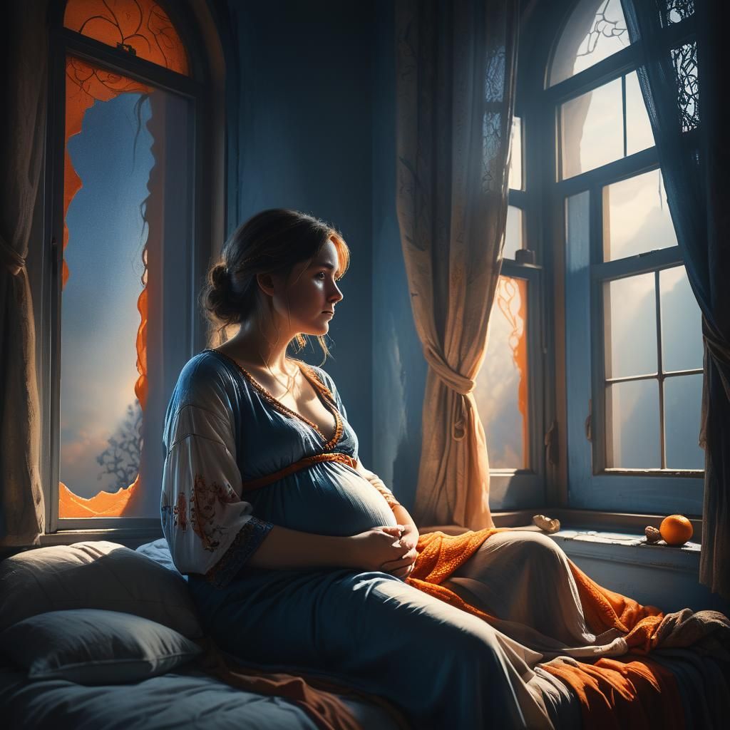 Melancholy Pregnant Woman in Matte Painting Style