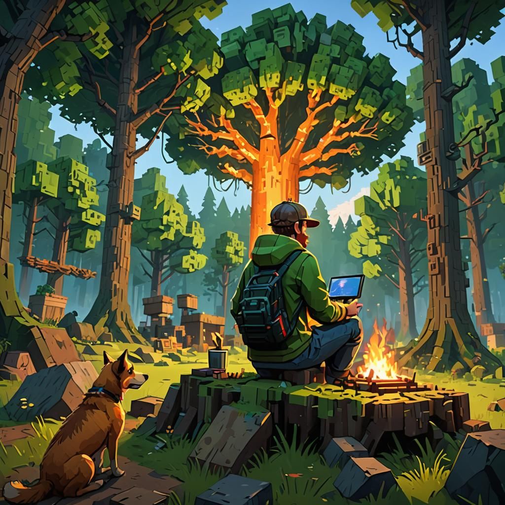 Gamer and Dog in Minecraft Forest, Rustic Sci-Fi Style