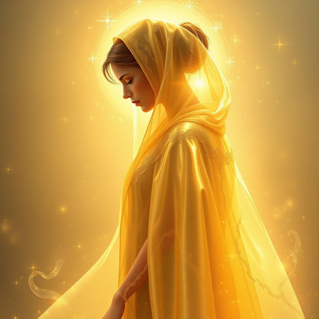 Ethereal Woman in Radiant Cloak with Golden Luminescence