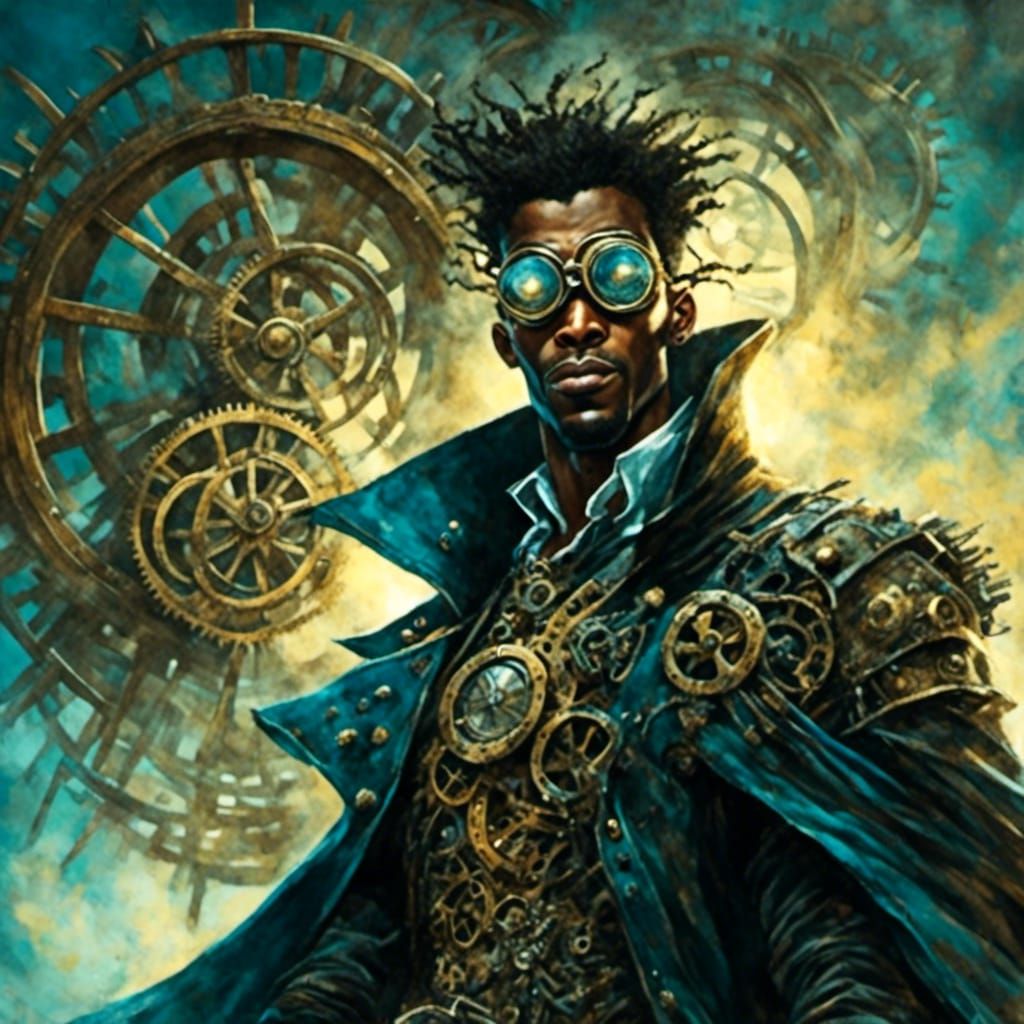 Steampunk Portrait: Cloaked Figure Before Engine