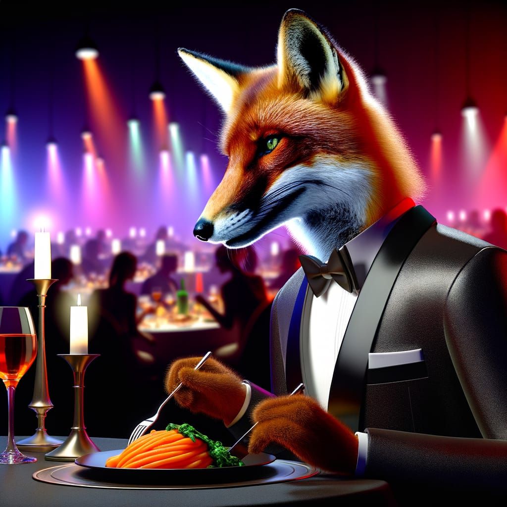 Fox in Tuxedo at Dinner Party: Hyperrealistic Concept Art