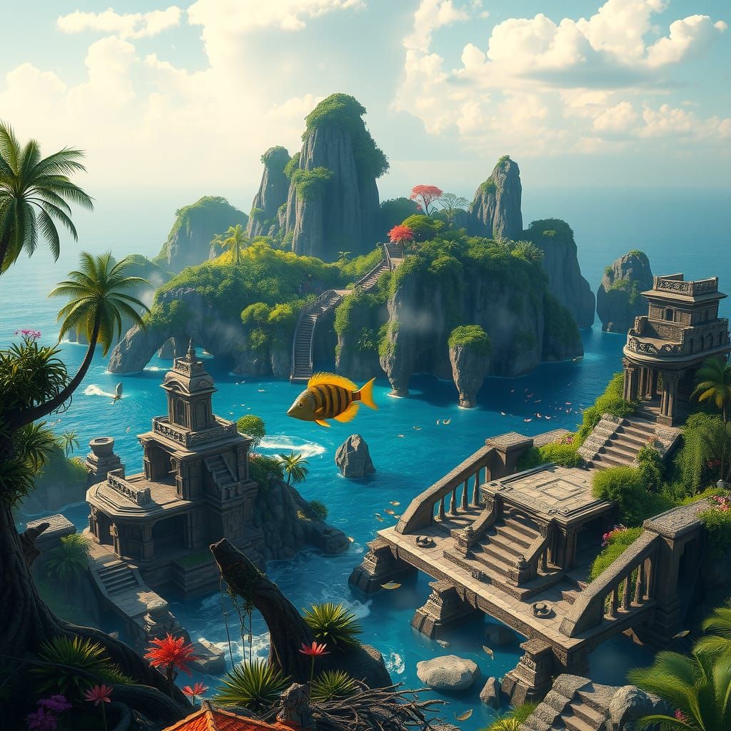 Lush Islands and Ancient Ruins in a Hyperreal Style