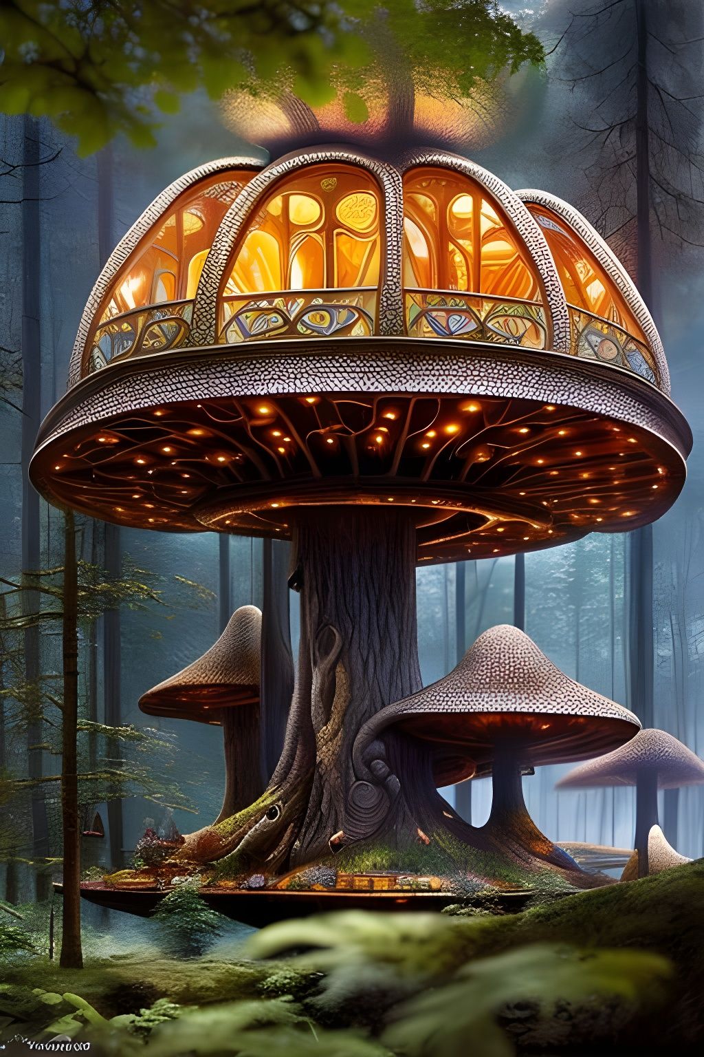Magic Scifi Mushroom Treehouse in Detailed Forest