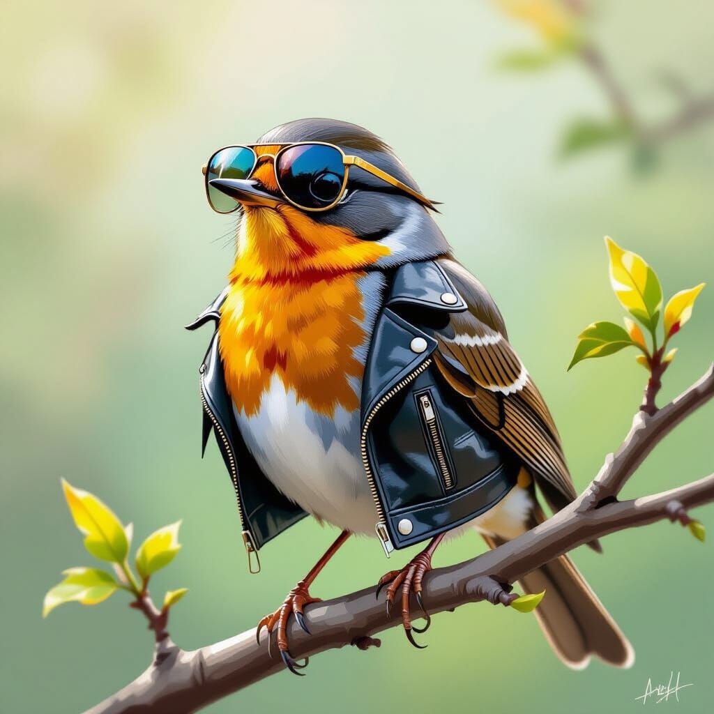 Proud Robin in Leather Jacket, Illustrated Boldly