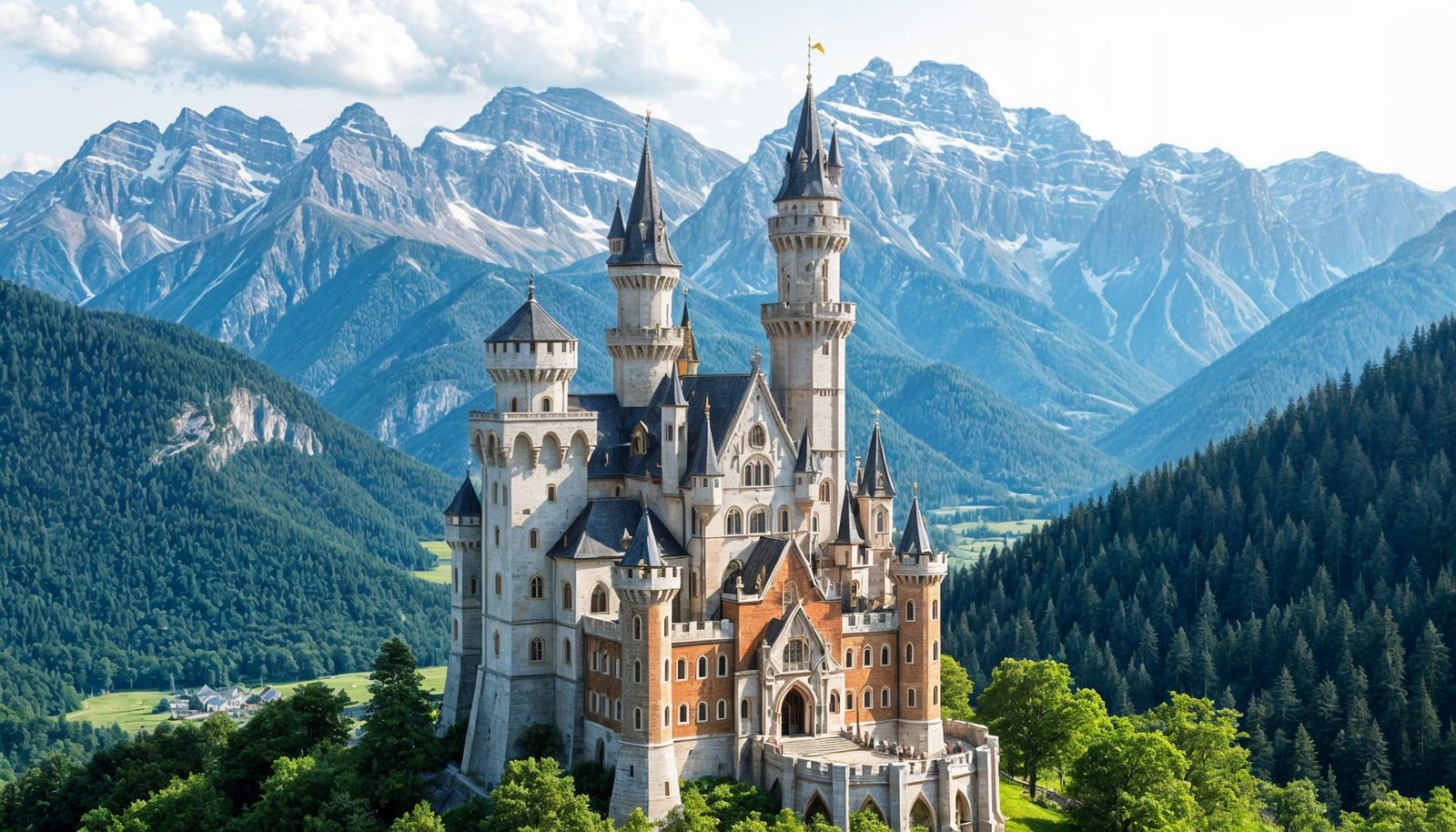 Whimsical Elvish Castle on Mountaintop Above Valley