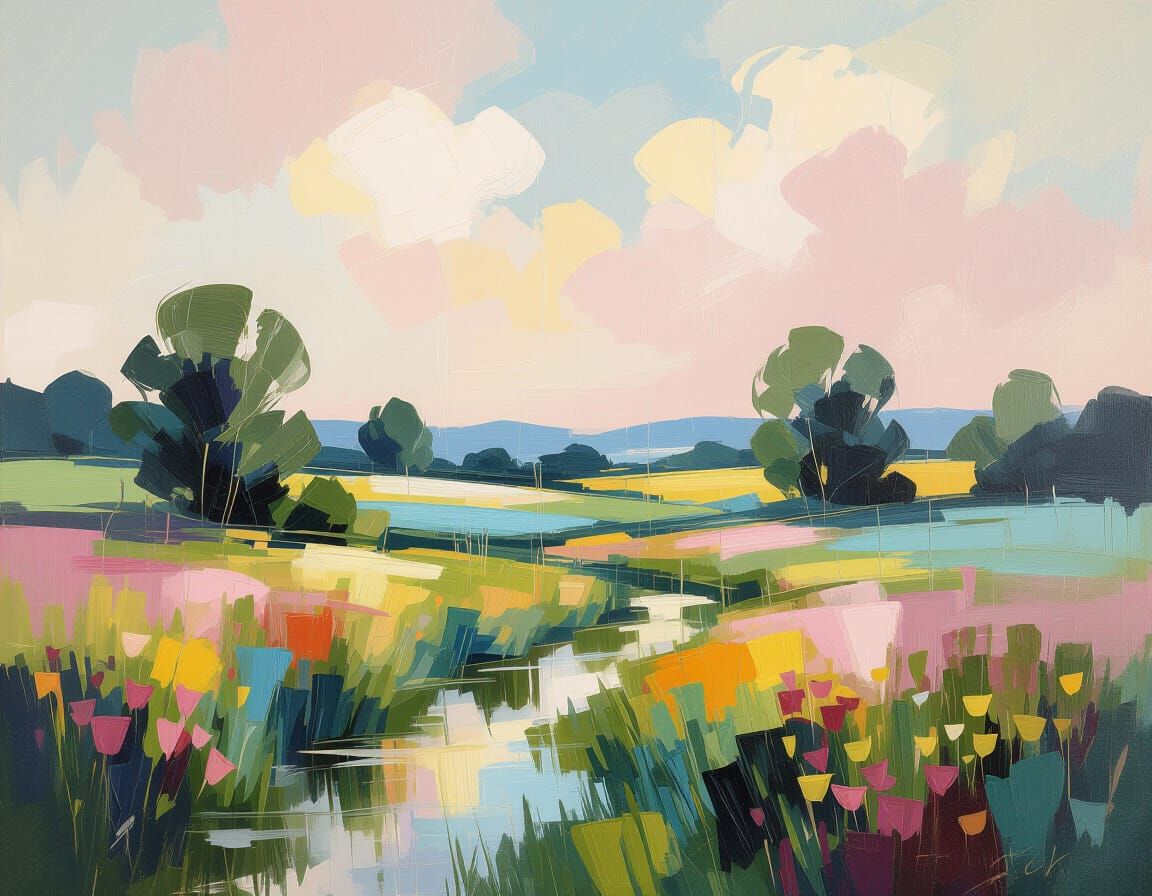 Rain Shimmers on Field: Impressionist Rococo Painting