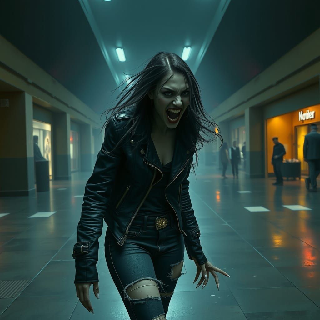 Female Vampire in a Mall at night searching for some victims