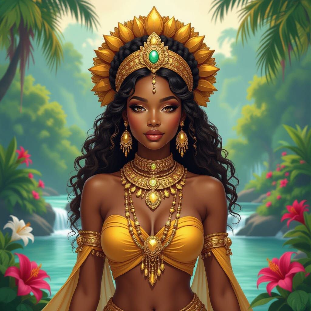 Oshun Goddess of Love in Afrofuturist Tropical Landscape
