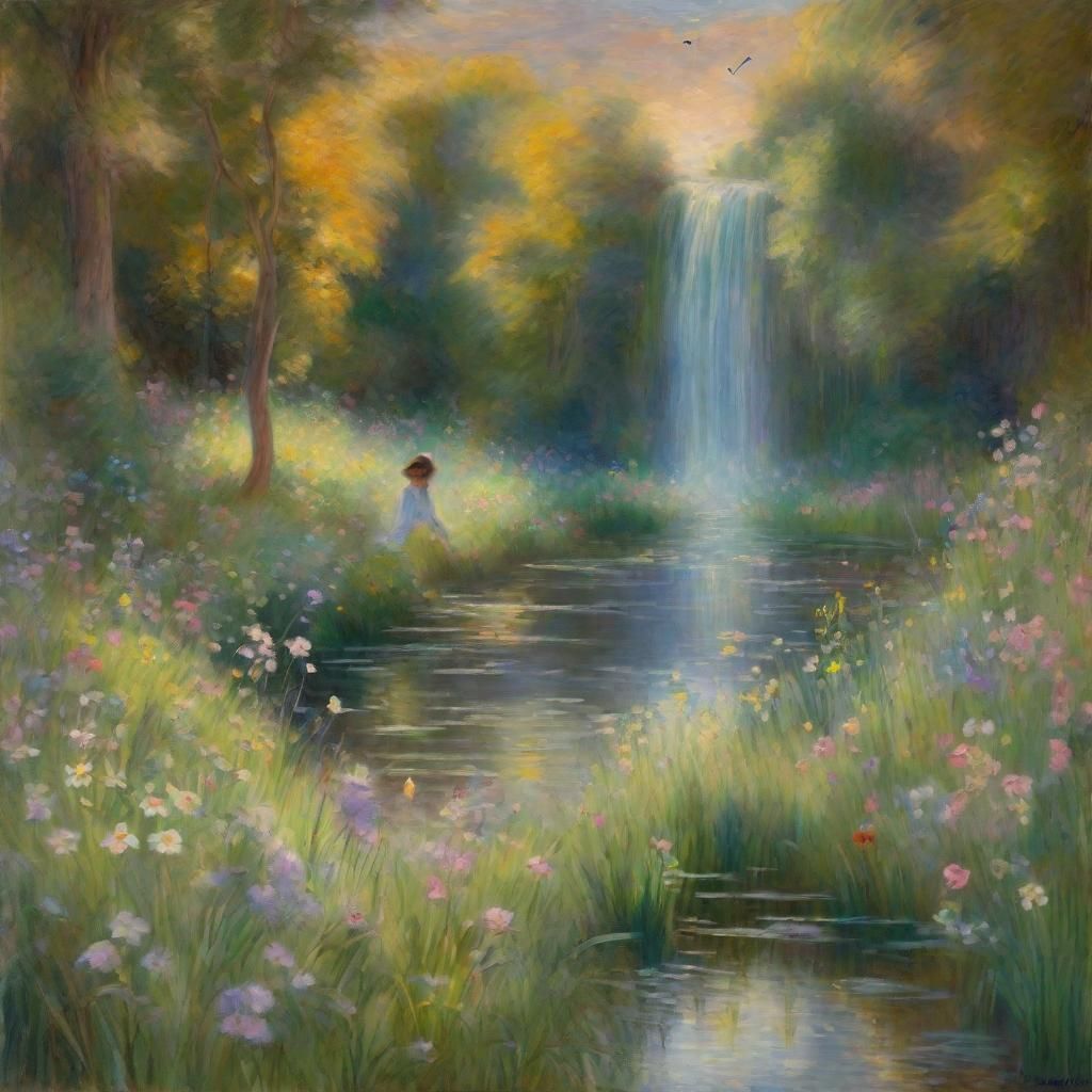 Enchanted Fairyland Forest, waterfall, pond, wildflowers, bi...
