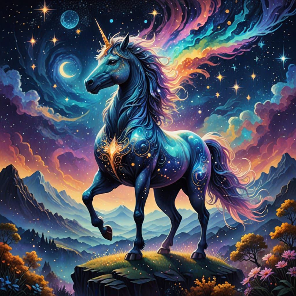 Celestial Unicorn in Vibrant Cosmic Dreamscape